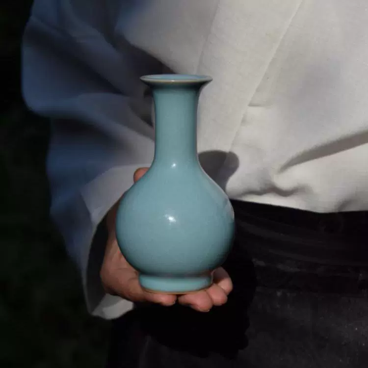汝瓷细颈瓶百搭汝窑花瓶摆件中式客厅家用简约居家复古装饰瓶陶瓷 
