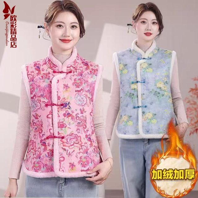 Autumn and winter popular vests, Internet celebrity models, plus velvet, thickening and warmth, middle-aged women's clothing, improved slanted placket cheongsam, vest and waistcoat