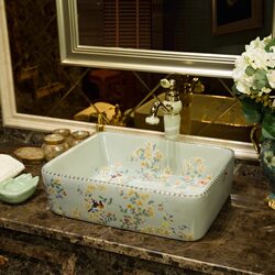 Square Countertop Ceramic Washbasin, Artistic Washstand, Single Basin Bathroom Sink, Countertop Washbasin for Home Use