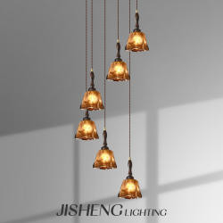 Medieval Style Full-Spectrum Natural Wood Style Staircase Chandelier for Loft Apartments, Duplexes, Villas, and Open-Air Living Rooms