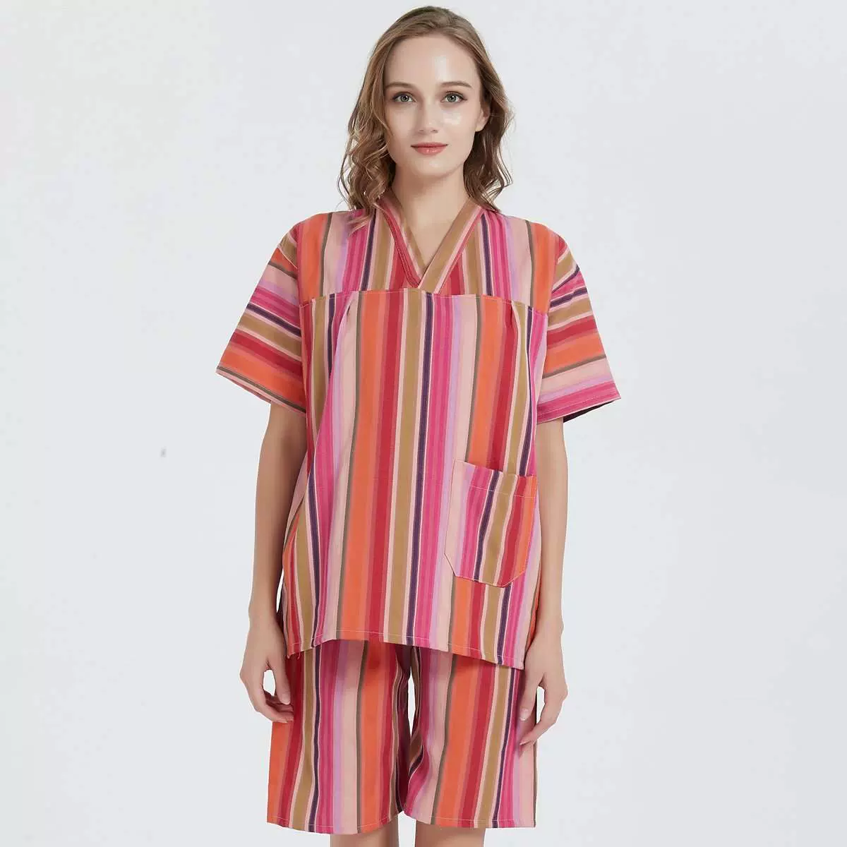 左右三叶草条纹汗蒸服男白浅色女橘黄条纹情侣浴衣男女