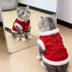 Cat Clothes with Chinese Style Floral Button Design, Vest with Leash Attachment, Warm and Thickened Winter Dog Clothes, Festive New Year Apparel