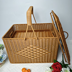 Hand-Woven Large Double-Layer Blue Basket for Ancestor Worship, Offering to Gods, Large Capacity Storage Basket, Outdoor Picnic Fruit Basket