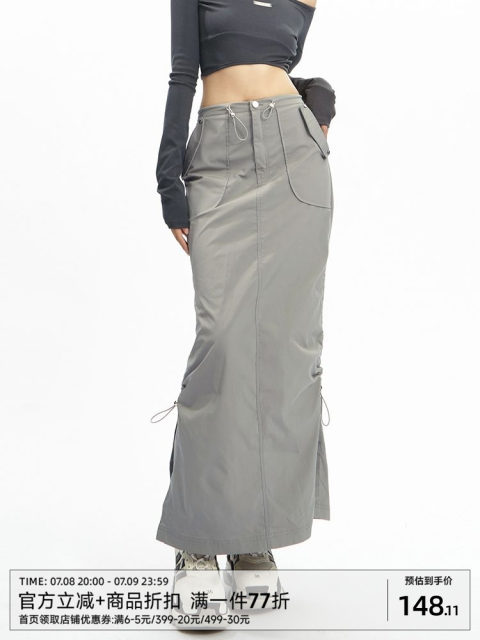 APEA American retro H-shaped design pleated bag work skirt spring and summer gray straight-slit long skirt