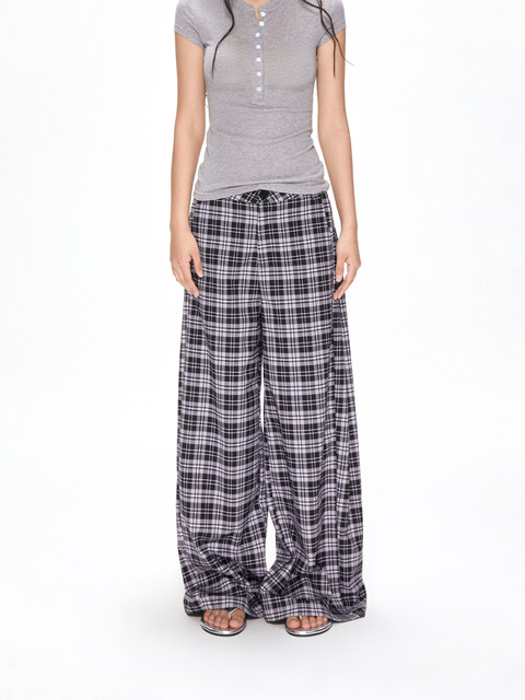 APEA pink plaid casual pants for women 2025 summer thin high waist loose slimming straight wide-leg trousers
