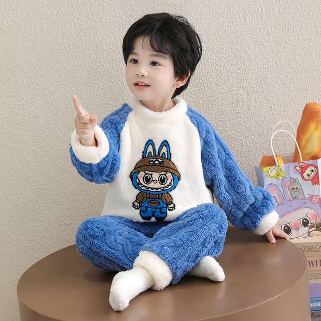 
Boys' Coral Velvet Pajamas Winter Boy's Labubu Home Clothes Warm Suit Children's Baby Thickened Pajamas Winter
