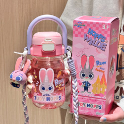 Zootopia Judy Summer Children's Water Bottle for Boys and Girls, Portable Double Drinking Straw Water Bottle for Students Going to School