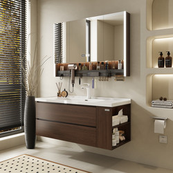 Oulin Bathroom Cabinet Walnut Side Storage Antique Style Ceramic Integrated Basin Wash Basin Wash Basin Cabinet Combination