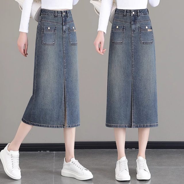 Denim skirt for women in spring and autumn 2025 new high waist slit one-step skirt retro mid-length A-line hip-pack skirt