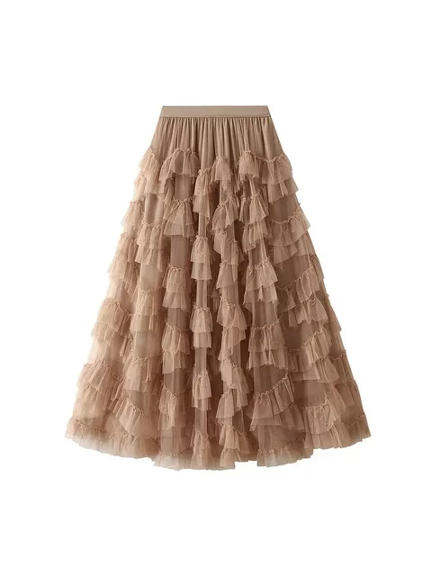 Chaoxian Heavy Industry Lace Mesh Puffed Skirt Slim Umbrella Skirt Large Slim Cake Gauze Skirt Mid-Long Skirt 1393 Solid Color