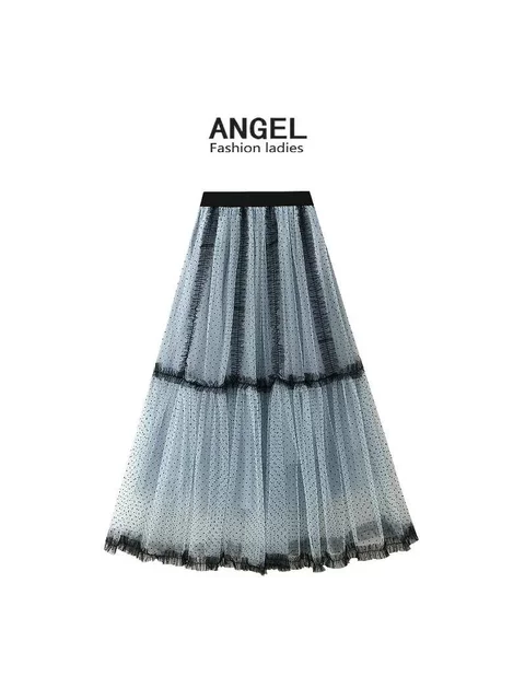Heavy Industry Mesh Skirt New Polka Dot A-line Texture Blue Cake Long Skirt 8846 Print A-line Skirt Black