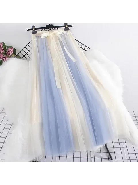 Color-blocked gauze skirt new high-waisted slim A-line large sway contrasting mesh fluffy skirt mid-length skirt women's long skirt
