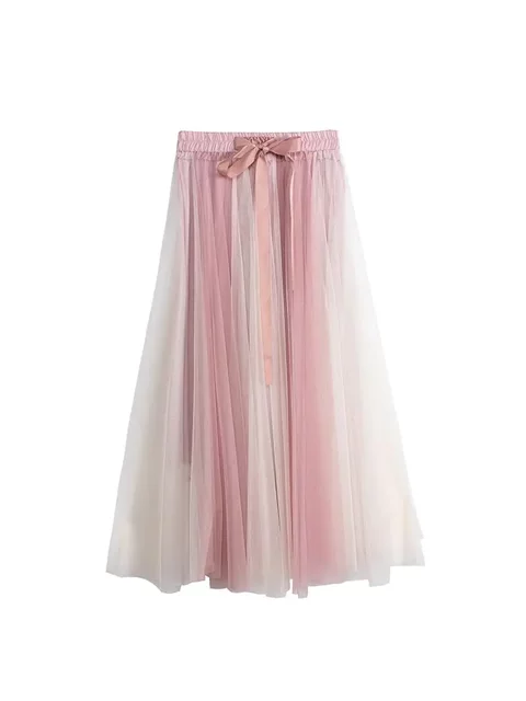 Color-blocked gauze skirt new high-waisted slim A-line large sway contrasting mesh fluffy skirt mid-length skirt women's long skirt
