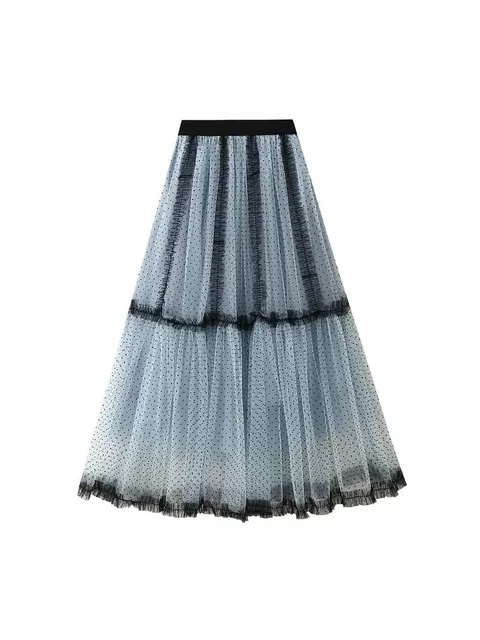 Heavy Industry Mesh Skirt New Polka Dot A-line Texture Blue Cake Long Skirt 8846 Print A-line Skirt Black