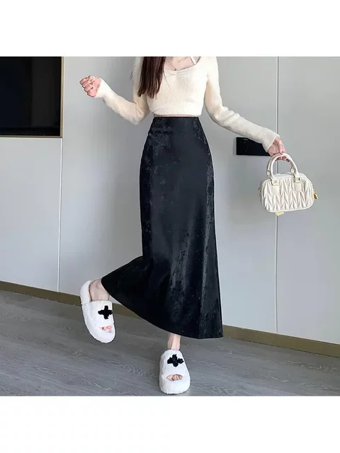 American retro suede skirt high-waisted slim flocking long skirt autumn and winter versatile zippered deerskin velvet fishtail skirt