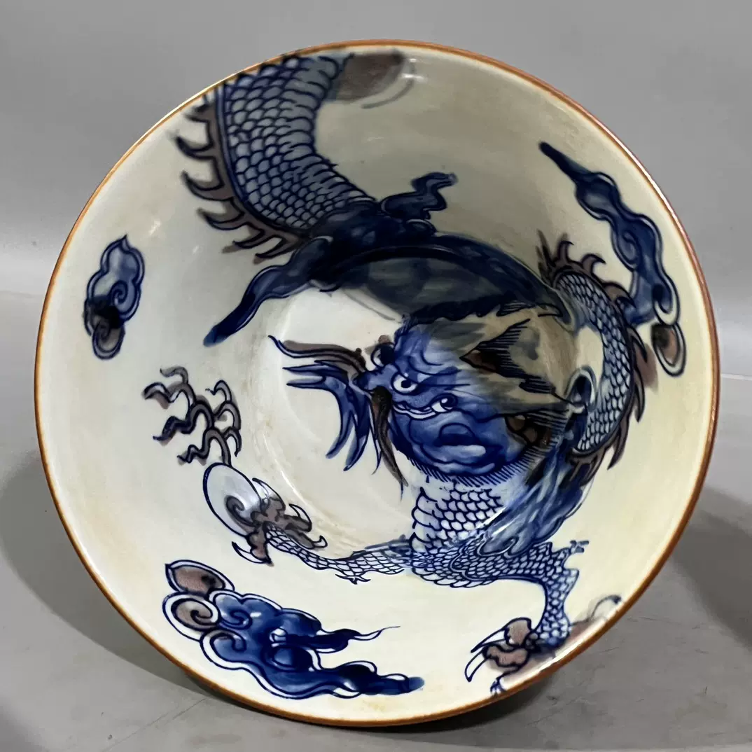 収蔵家蔵・清・康熙年製款・青花・紅釉・龍紋・供碗』・稀少珍品・置物