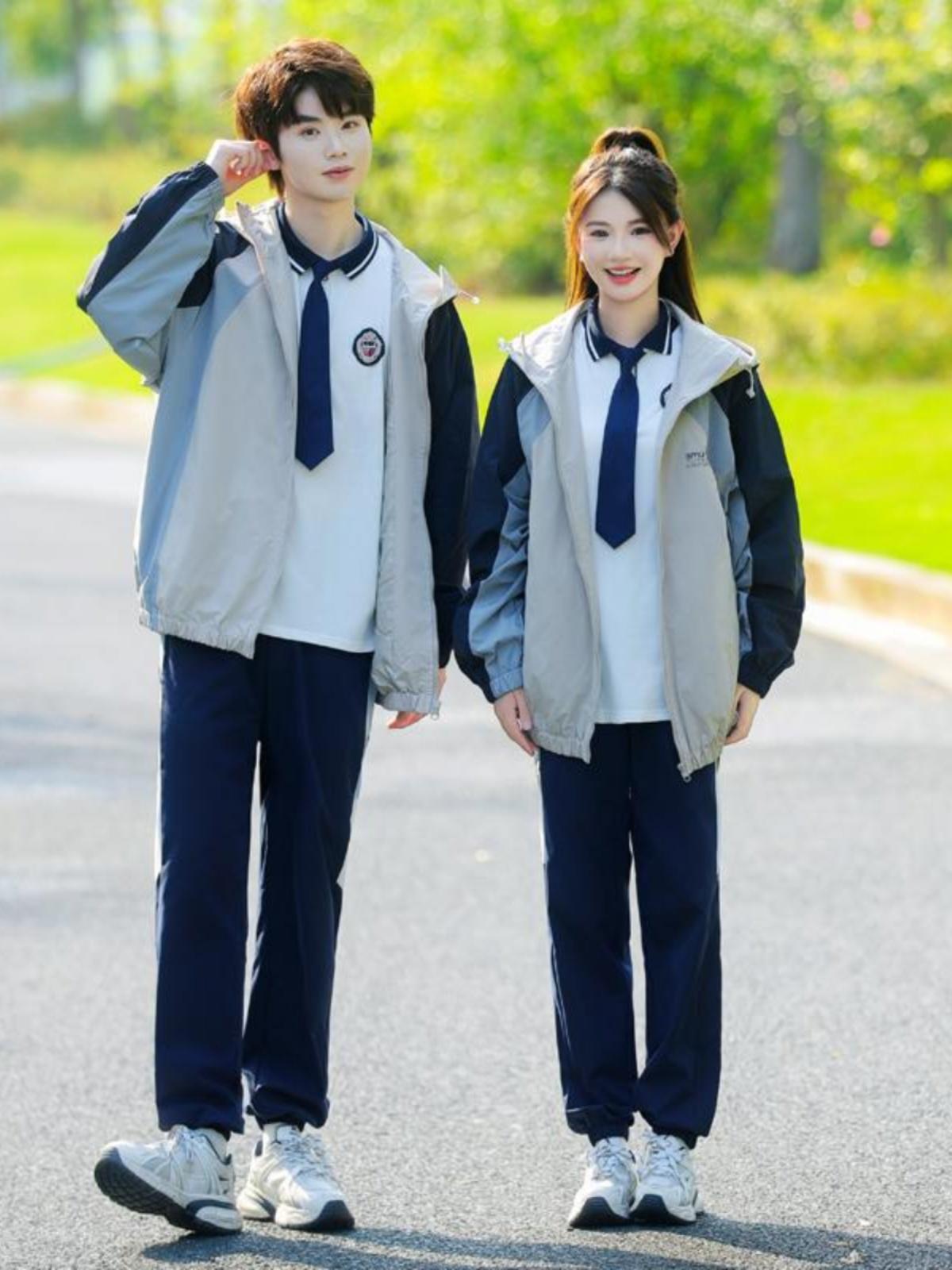 初中生班服风衣连帽外套三件套秋冬季七年级运动会校服套装定制