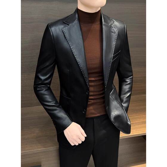 
High-end business leather suit for men in spring and autumn new youth Korean style slim and trendy versatile casual leather jacket