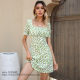 New type of waist short -sleeved floral skirt square collar temperament green dress Square Next Floral Dress