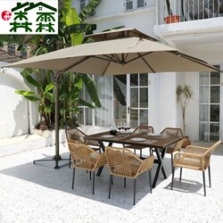 Outdoor Tables and Chairs, Villa Courtyard, Terrace, Balcony, Leisure Rattan Chairs, Garden, Sun, Open-Air, Waterproof Rattan Tables and Chairs with Umbrellas