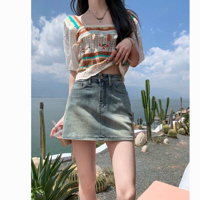 Denim short skirt for women in summer thin A-line skirt pants American draped miniskirt pear-shaped body college skirt
