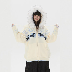 
[Fragmented Island] American style Fair Isle puppy jacquard fur collar sweater autumn and winter niche knitted sweater top