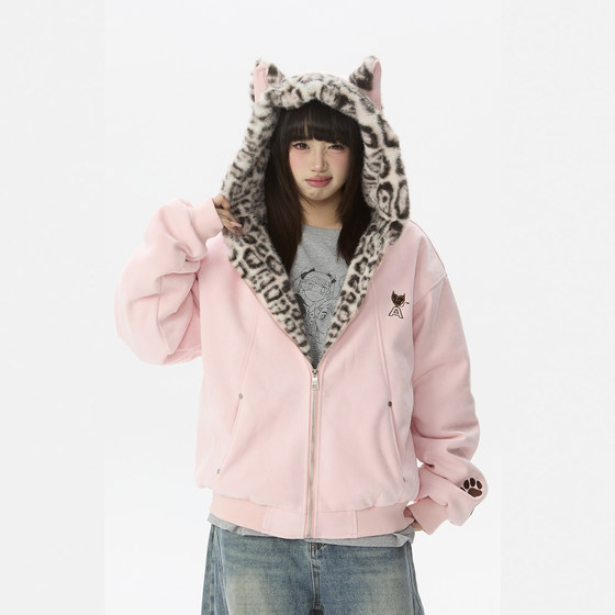 
Fragmented Island Winter Thickened Cotton Jackets for Men and Women Couples Leopard Rabbit Ears Hooded Cotton Clothes Suede Mountain Carving Jackets