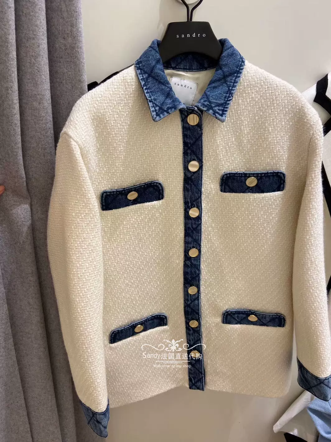 Sandy法國20春夏SANDRO金智妮牛仔邊粗花呢外套SFPVE00266 CHELBY