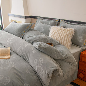 1 Ji Hilton Autumn and Winter Category A 9D Ultrasonic Embossed Icelandic Velvet Warm and Quick-Heat Four-piece Quilt Cover Sheets and Fitted Sheets