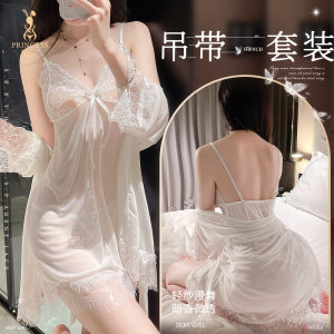 
2025 new large size gauze sexy pajamas for women, high-end lace suspender nightgown, pure desire nightgown, deep V summer