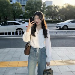 French Lace Collar Tie-Up White Shirt for Women, New Spring Style, High-End, Gentle Style, Unique Long-Sleeved Top