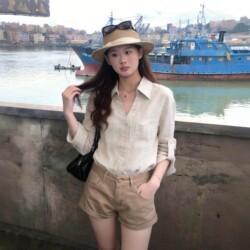 French Retro Natural Linen Cotton Shirt for Women, Summer Thin Loose Style, Elegant Old Money Style Semi-Sheer Shirt, Sun Protection Top