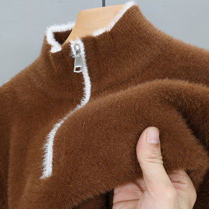 Imitation mink veneer semi-zipper turtleneck thickened sweater for men's winter stand collar warm knitted base shirt underwear top