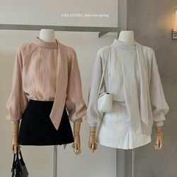 Thirteen Lines Y.Jia Spring Stand Collar Loose Long Sleeve Ribbon Design Striped Shirt Top Women's Blouse