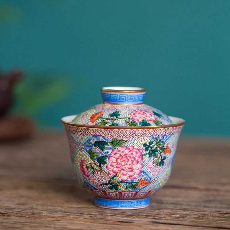 精品珐琅彩花卉纹二才盖碗景德镇手工复古中式陶瓷泡茶碗高端茶具-Taobao