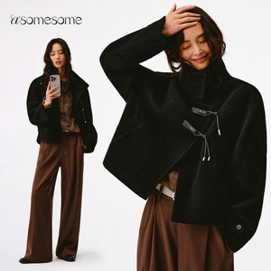 
asomesome wool stand collar short black woolen coat women's autumn and winter thickened windproof warm silhouette coat