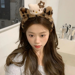 Cute Leopard Print Kt Cat Headband for Women 2024 New Style for Applying Face Masks and Washing Face, Hair Clip, Autumn and Winter Plush Headband Hair Accessory