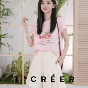 
TCREER Floating Clouds and Morning Dew Korean style ins style strawberry print short-sleeved summer women's loose and versatile tops
