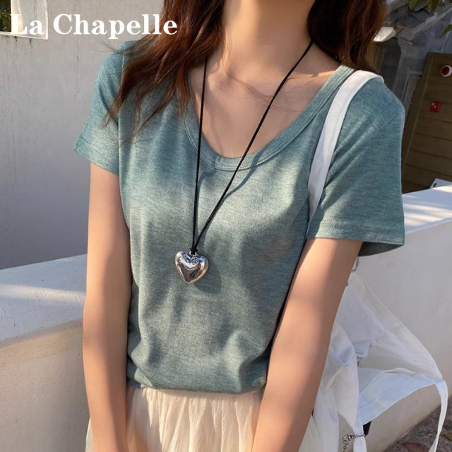 
La Chapelle green V-neck loose short-sleeved T-shirt for women 2025 summer new unique super good-looking base top