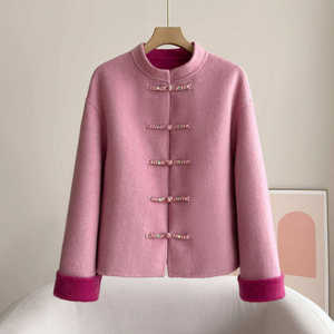 
New Chinese-style pink double-sided wool coat for women, short stand-up collar, disc buckle, high-end contrasting national style wool coat