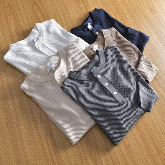 Comfortable custom-woven waffle! Foreign trade men's autumn casual solid color Henry collar long-sleeved T-shirt bottoming sweatshirt