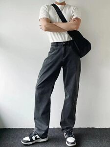 
Black and gray straight jeans for men, Korean fashion brand high street retro trousers ins slim loose large size wide leg pants