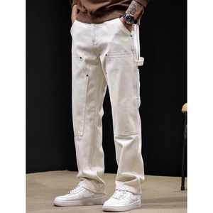 
Work jeans for men 2024 new men's straight trousers large size autumn and winter trendy American white pants pure cotton