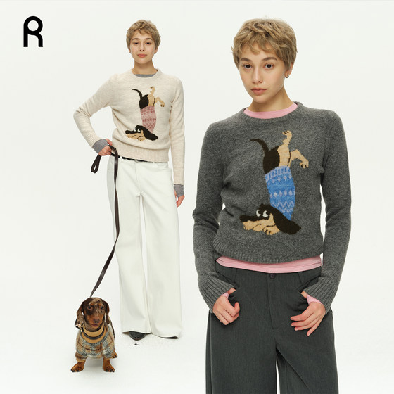 
ReAimNess* Fair Island Climbing Dachshund Jacquard Sweater Round Neck Fit Short Pullover Sweater