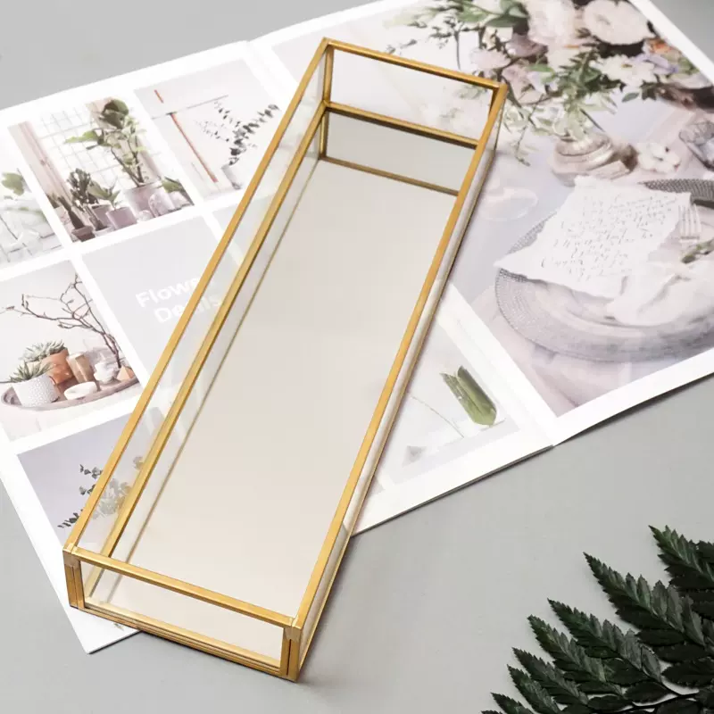 北欧黄铜边框托盘复古设计展示玻璃盒子方形珠宝首饰收纳盘子-Taobao