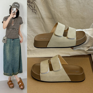 
2026 summer non-slip slippers for women outer wear fashion sandals thick-soled casual flat-soled Velcro fashion beach shoes