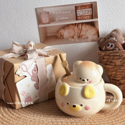 Super Cute Bear Ceramic Mug with Lid and Straw, Soft and Adorable Healing Gift for Girls