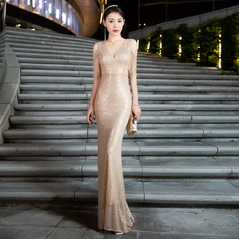 亮片流苏晚礼服女夏高端宴会气质主持人名媛轻奢小众高级感连衣裙 Taobao