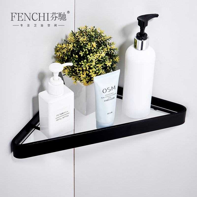 Fenchi Black Bathroom Corner Rack with Mirror Glass Storage