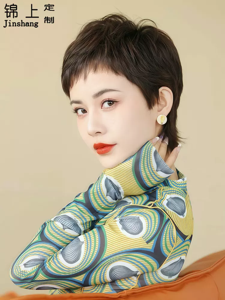 全头套女短发假发全真发中老年妈妈款时尚齐斜刘海超短发假发女